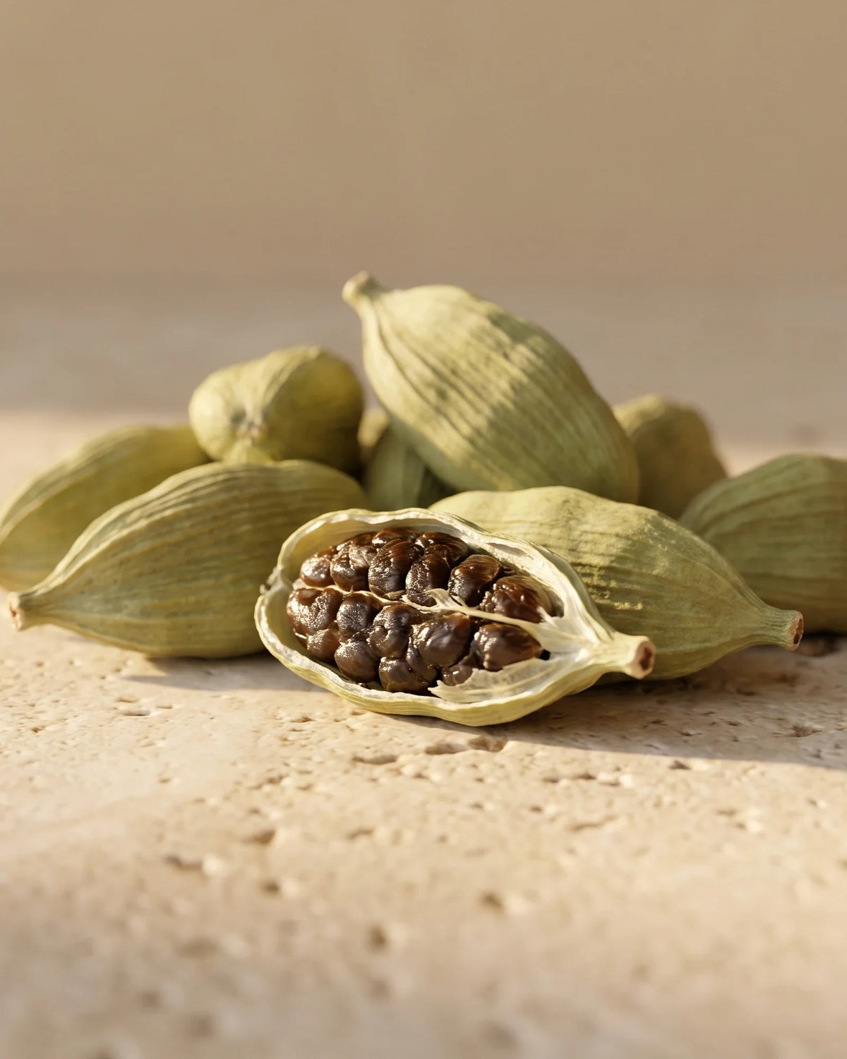Green cardamom pods with one split open to reveal its seeds — the warm, sweet spice scent of Delune Cardamom Pure Essential Oil
