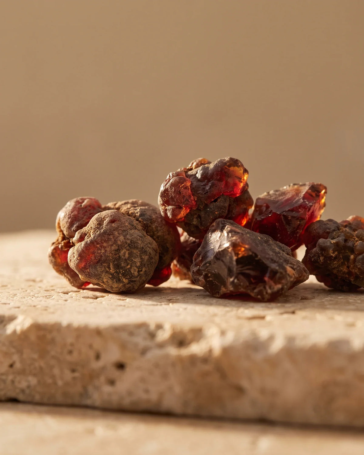 Raw myrrh resin pieces glowing deep garnet in warm backlight — the warm, bittersweet resinous scent of Delune Myrrh Pure Essential Oil