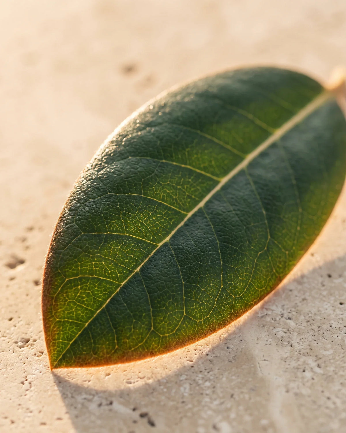A single glossy rhododendron leaf backlit on warm travertine — the fresh, green-balsamic scent of Delune Rhododendron Leaf Pure Essential Oil