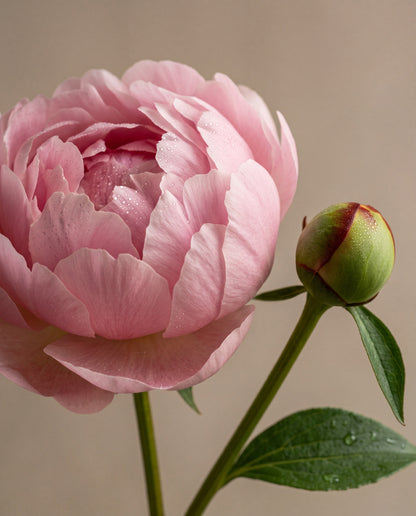 Blush Peony & Suede scent notes: a blush pink peony in bloom with a peony bud