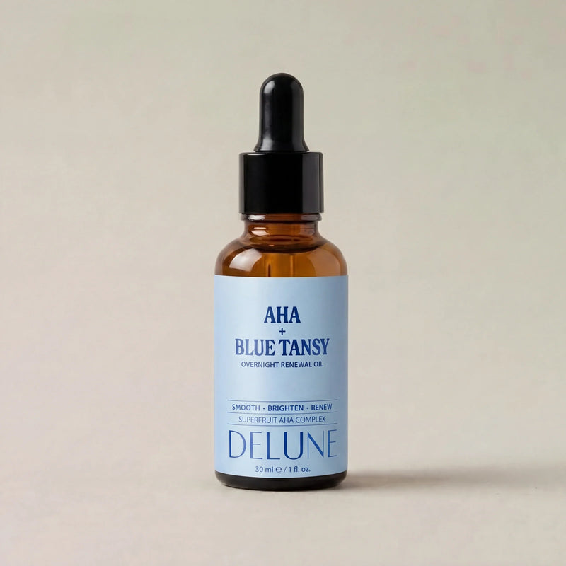 Delune AHA + Blue Tansy Overnight Renewal Oil studio packshot