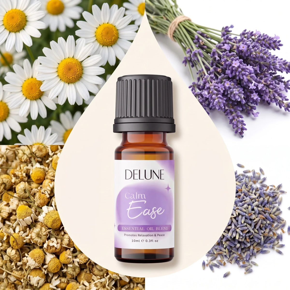 Delune Calm Ease Essential Oil Blend surrounded by its ingredients: fresh and dried chamomile and lavender