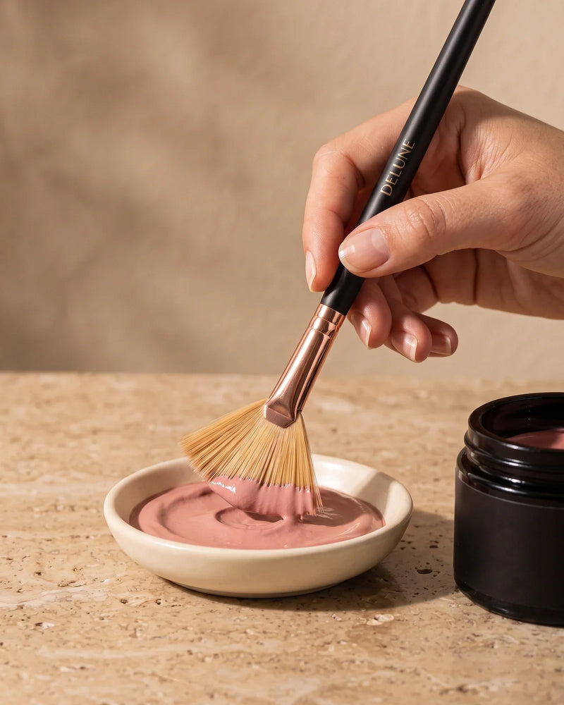 Hand loading the Delune fan brush with rose clay paste from a ceramic dish