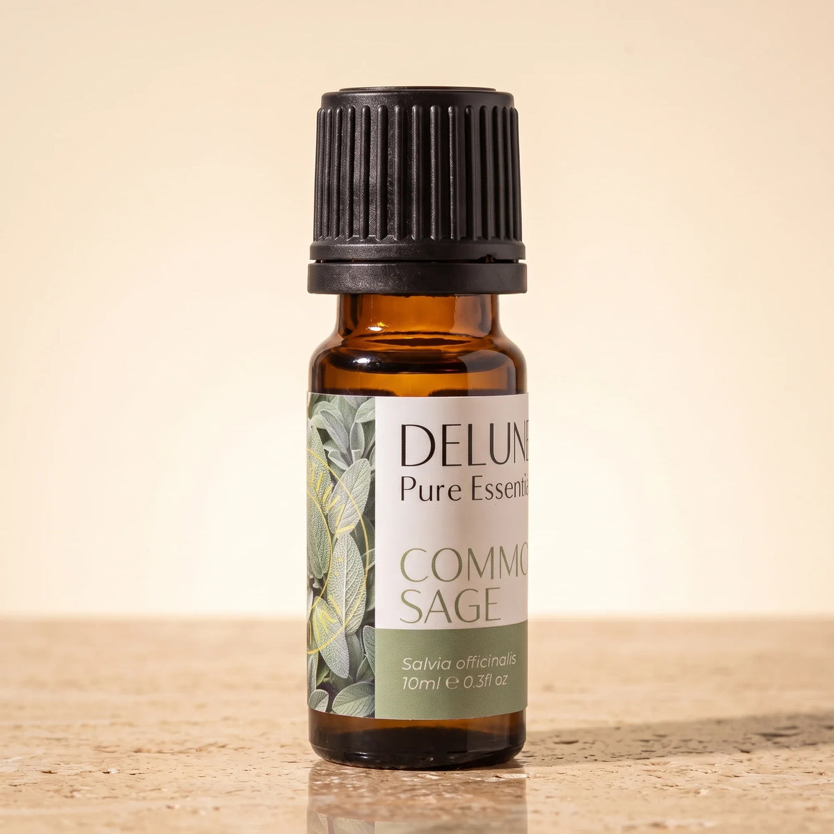 Delune Common Sage Pure Essential Oil, 10ml amber glass bottle on warm travertine stone