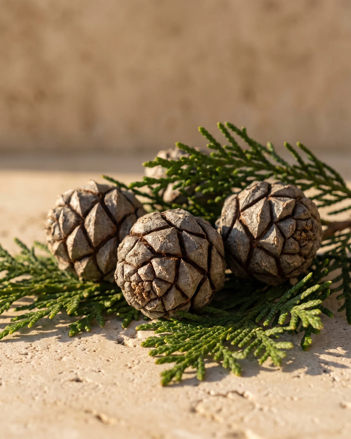 Round cypress cones nestled in fresh cypress sprigs on travertine — the clean, woody scent of Delune Cypress Pure Essential Oil