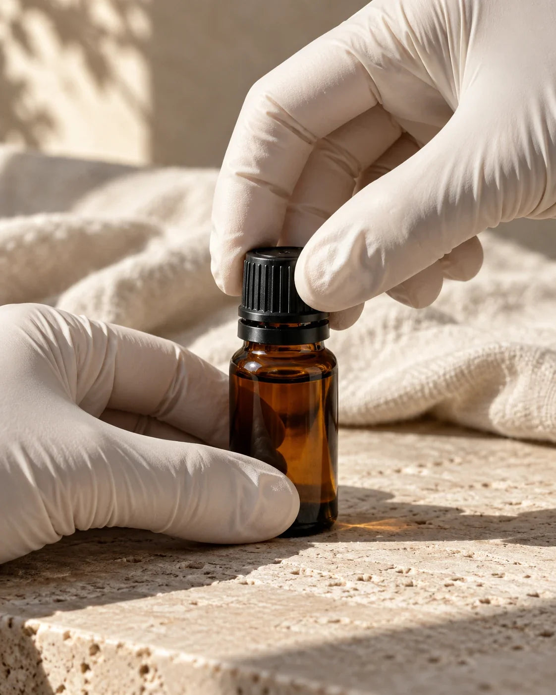 Gloved hands sealing a bottle of Delune organic essential oil