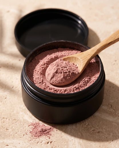 Open jar of Delune French Rose Clay showing the soft dry pink clay powder with a wooden spoon