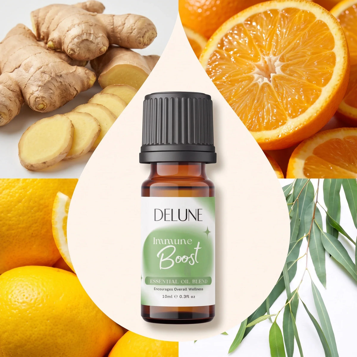 Delune Immune Boost Essential Oil Blend surrounded by its ingredients: ginger, orange, lemon and eucalyptus