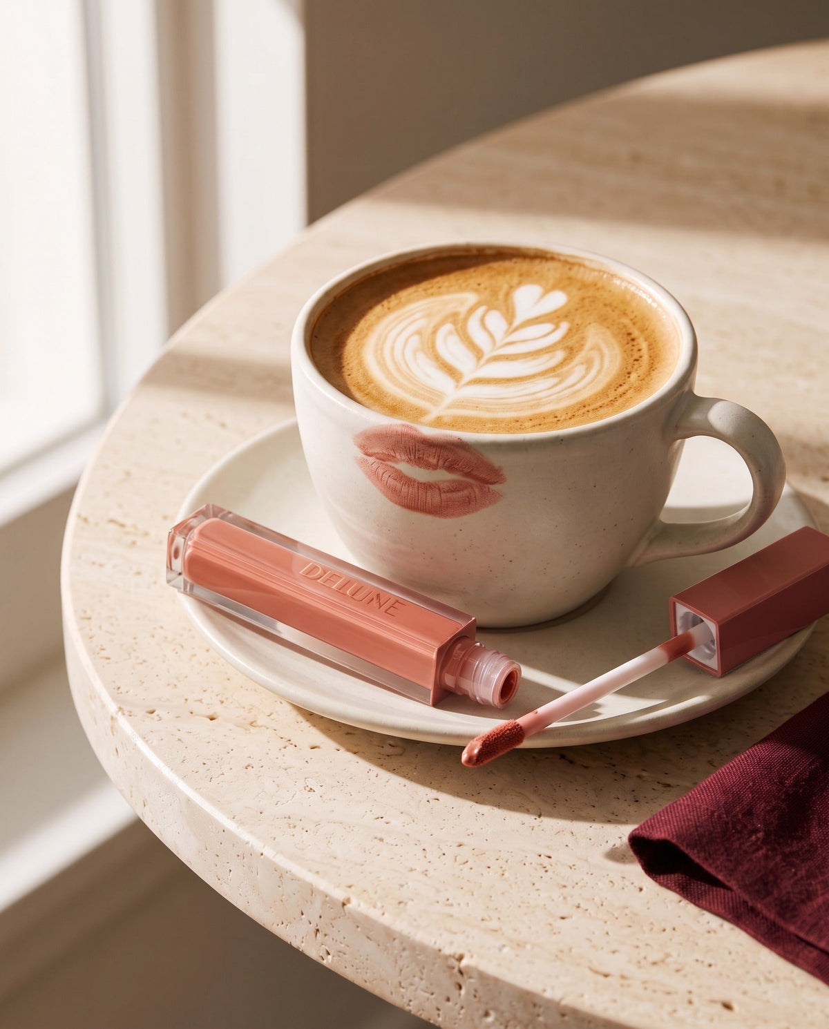 Delune LuxMatte in Rose Latte with a latte and a rose kiss print