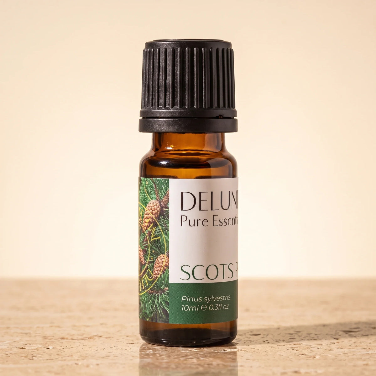 Delune Scots Pine Pure Essential Oil, 10ml amber glass bottle on warm travertine stone
