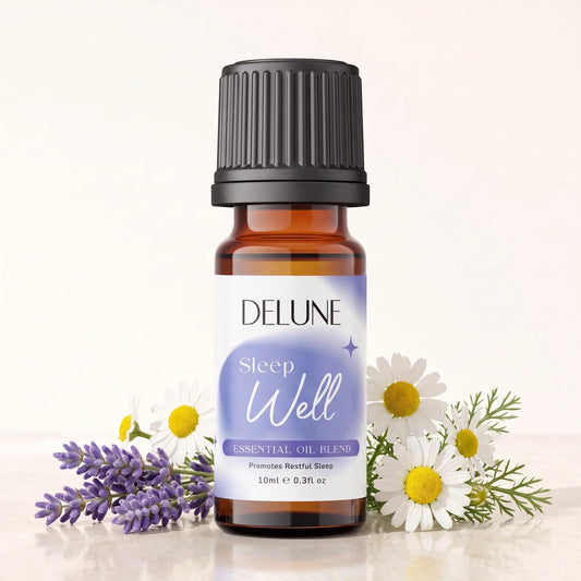 Delune Sleep Well Essential Oil Blend 10ml amber glass bottle with fresh lavender and chamomile flowers
