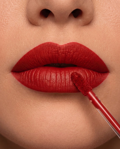 LuxMatte 24-Hour Lipstick in Jet-Set Red on lips