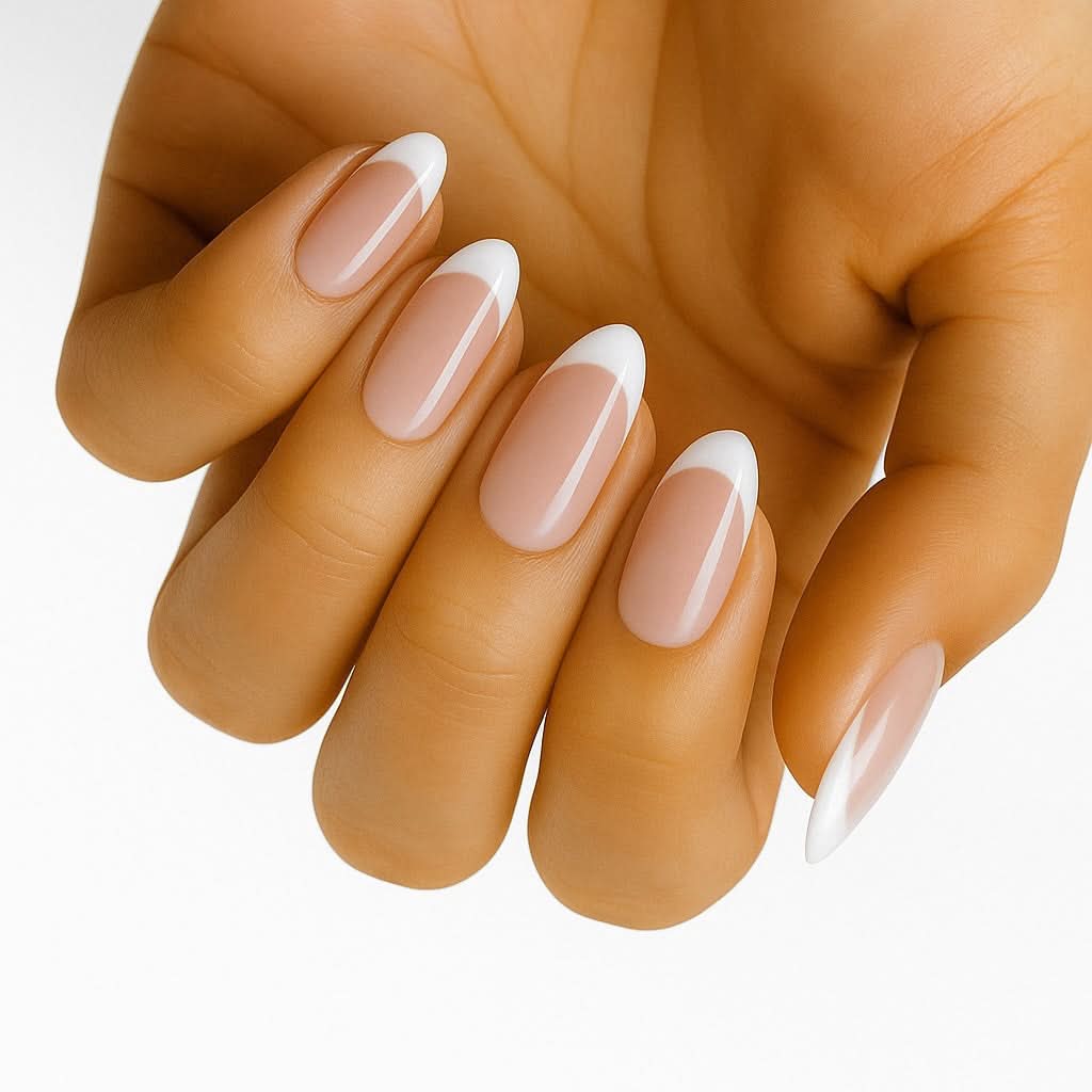 French Manicure (Part Transparent) (Non-UV Nail Wraps): close-up of nude-pink almond nails with crisp white French tips