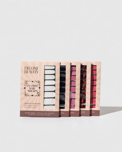 Copper Glitter (Non-UV Nail Wraps): row of Delune Beauty UV-free nail wrap packs standing upright