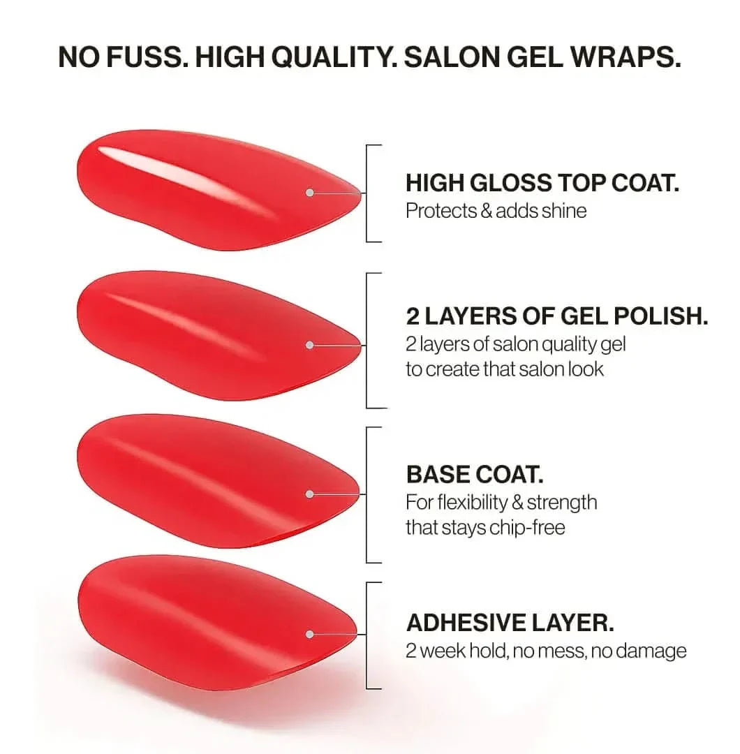Copper Glitter (Non-UV Nail Wraps): four-layer salon gel wrap with high-gloss top coat, two layers of gel polish, base coat and adhesive layer