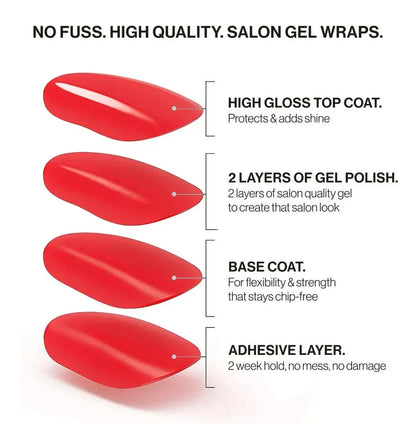 Tortoiseshell (Non-UV Nail Wraps): four-layer salon gel wrap with high-gloss top coat, two layers of gel polish, base coat and adhesive layer