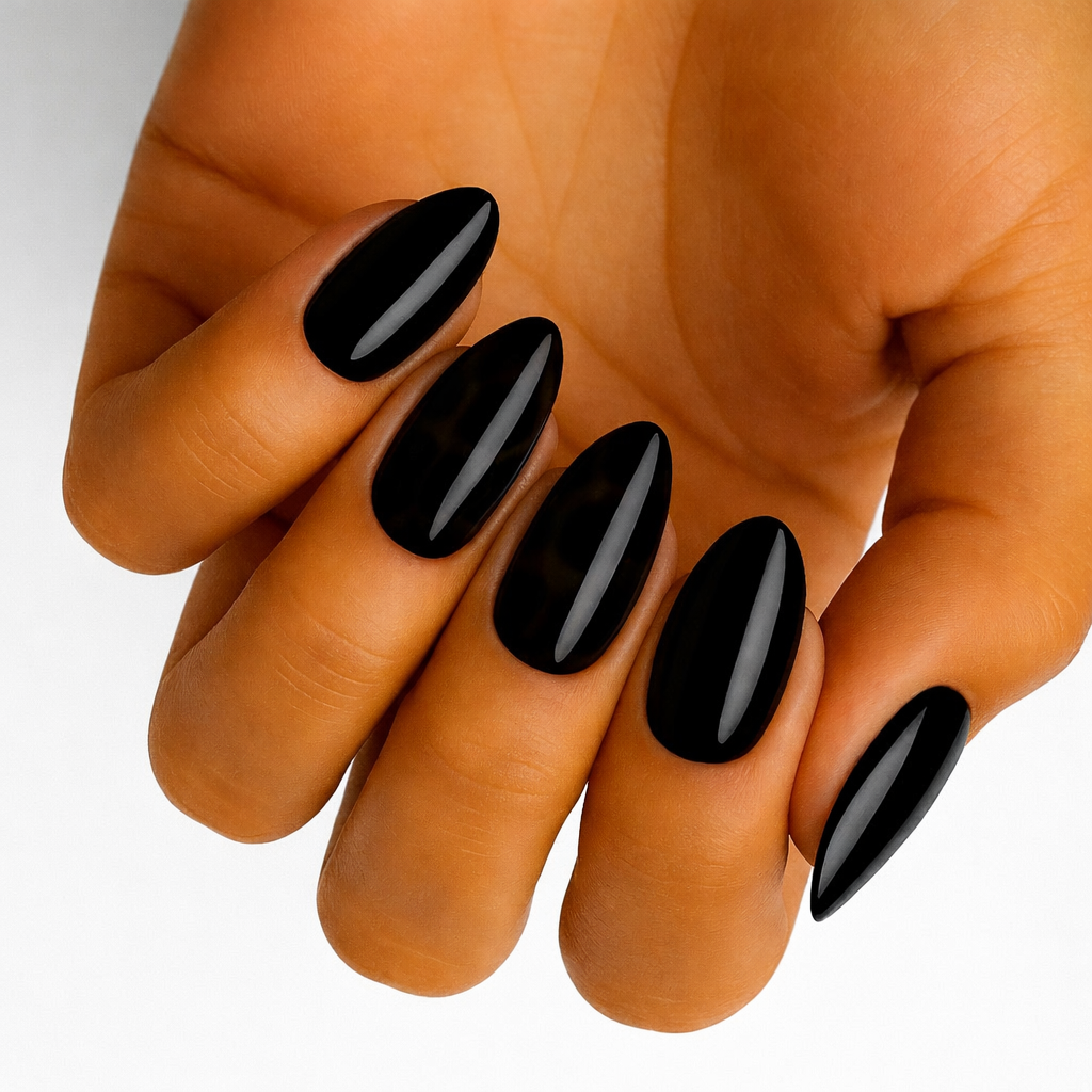 Noir (Non-UV Nail Wraps): close-up of glossy black almond nails